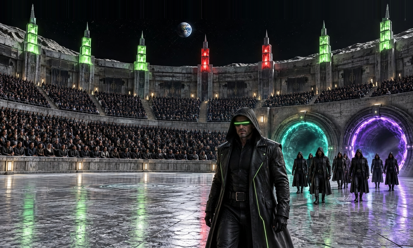 A front-facing cyberpunk lead in a detailed trench coat stands on the arena floor while six contenders emerge from the portals. Matched teal and violet portals sit in the arena wall, with complete green and dark-red architectural candle pillars and pointed tops above the spectator tiers.